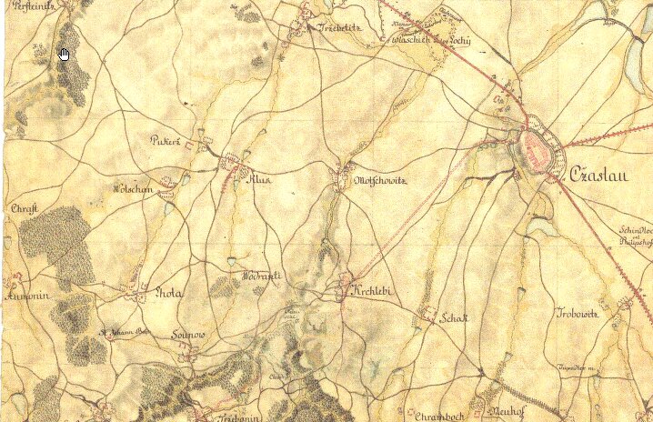 Map of the region Umonin(SW) - Caslav(NE) before 1768